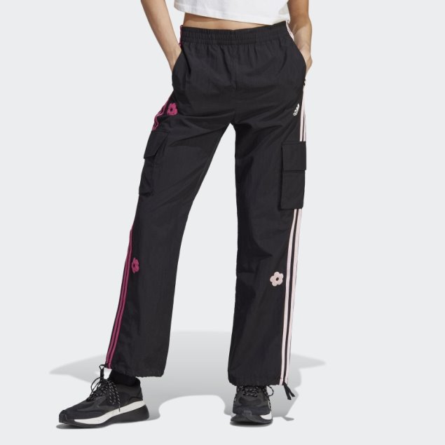 Pantalones Cargo Adidas Negros De 3 Rayas Con Parches De Flores De Chenilla