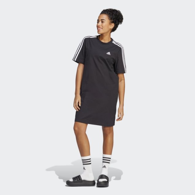 Vestido Estilo Camiseta Boyfriend Con 3 Rayas De Adidas Essentials En Negro