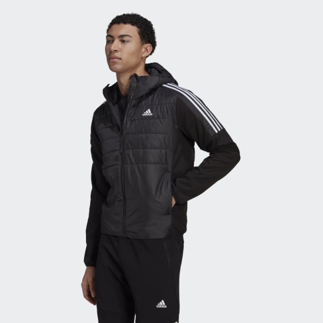Adidas Chaqueta Híbrida Negra Con Capucha Y Aislamiento Esencial