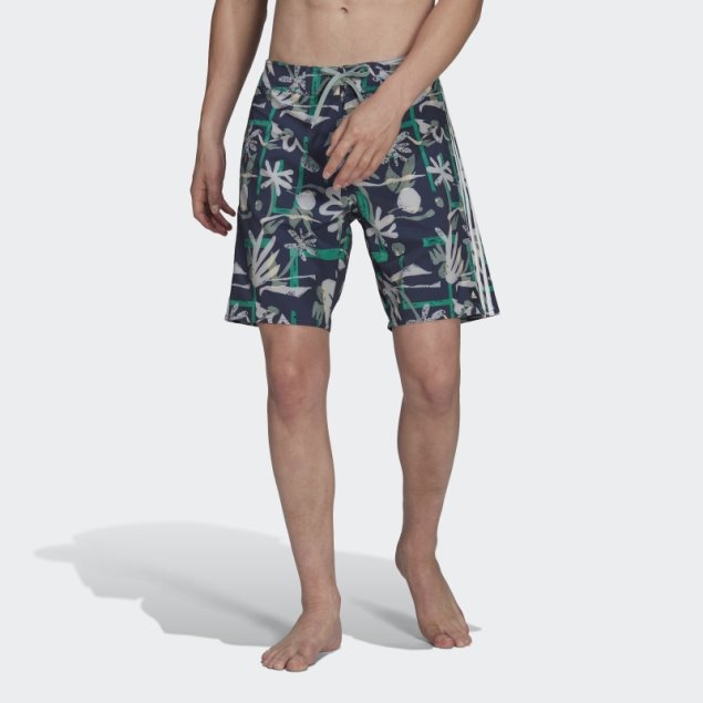 Azul Marino Shorts De Playa Con Estampado Floral De Adidas