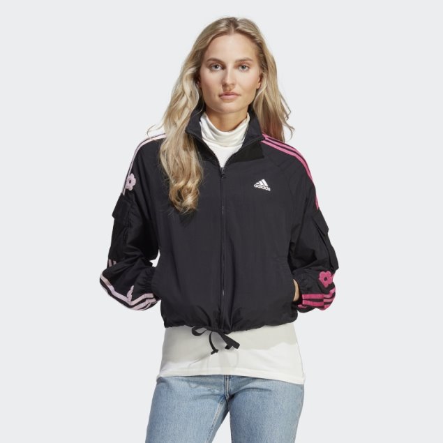 Chaqueta Ligera Adidas Negra De 3 Rayas Con Parches De Flores De Chenilla