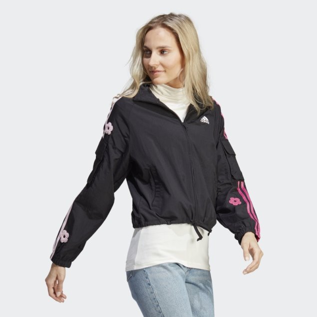 Chaqueta Ligera Adidas Negra De 3 Rayas Con Parches De Flores De Chenilla