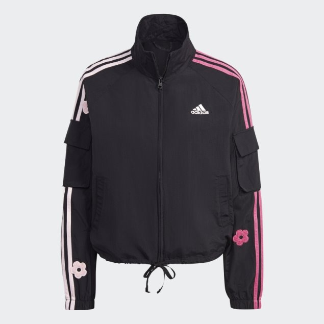Chaqueta Ligera Adidas Negra De 3 Rayas Con Parches De Flores De Chenilla
