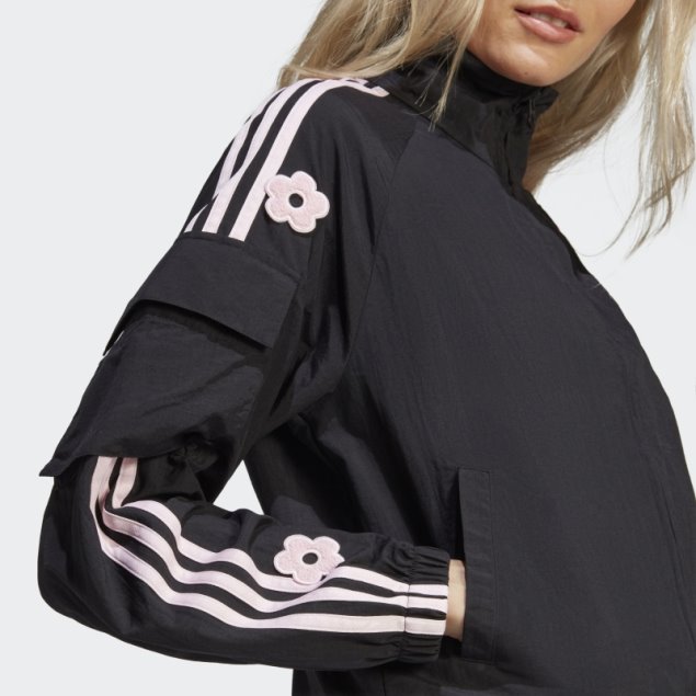 Chaqueta Ligera Adidas Negra De 3 Rayas Con Parches De Flores De Chenilla