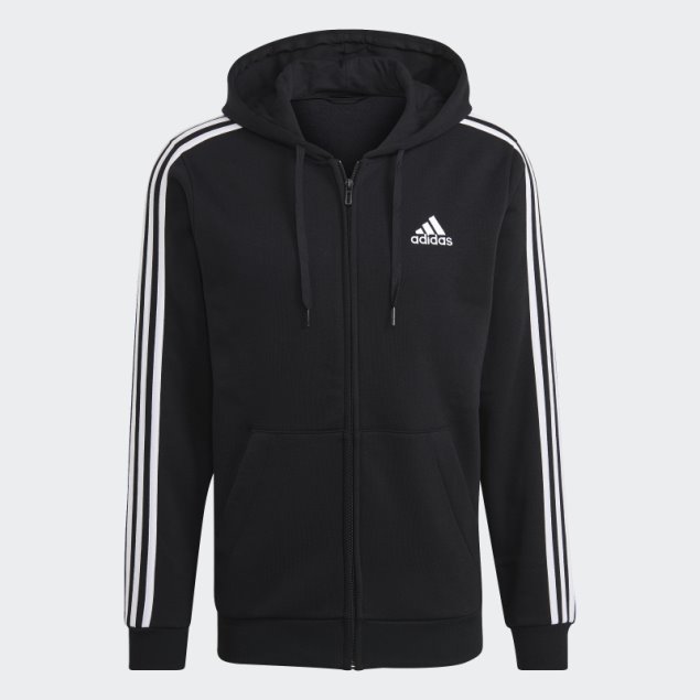 Adidas Sudadera Con Capucha Negra Con Cremallera Completa Y 3 Rayas Essentials