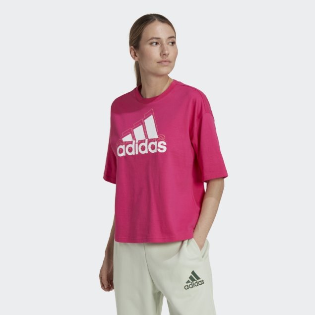 Camiseta Recortada De Ajuste Holgado Con Logo Multicolor De Essentials Magenta Real Adidas