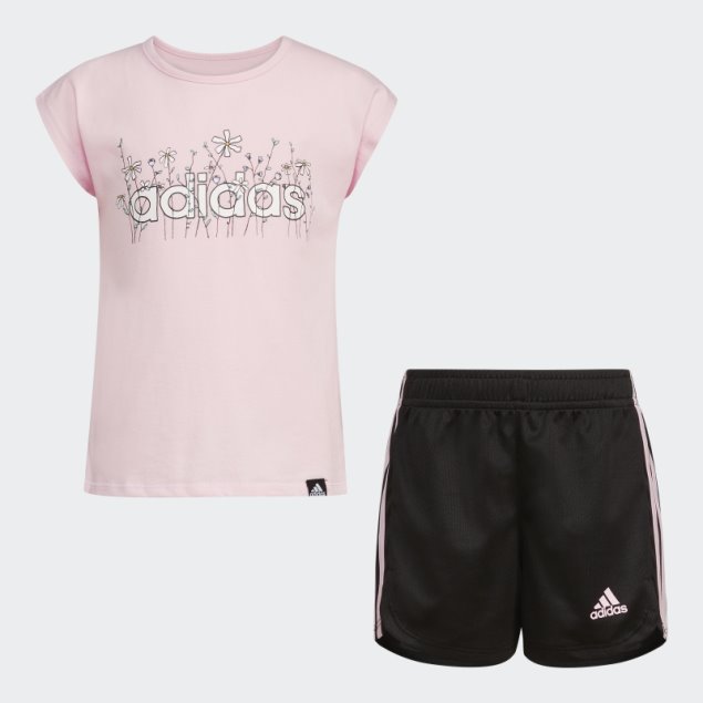 Conjunto Corto De Malla Con Camiseta Gráfica Rosa De Adidas