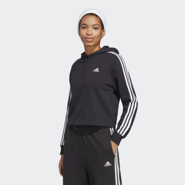 Adidas Sudadera Con Capucha Negra Essentials 3 Rayas French Terry
