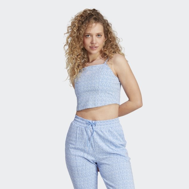 Camiseta Sin Mangas Con Estampado De Corsé Inspirado En Adidas En Toda La Prenda Azul Cálido Amanecer