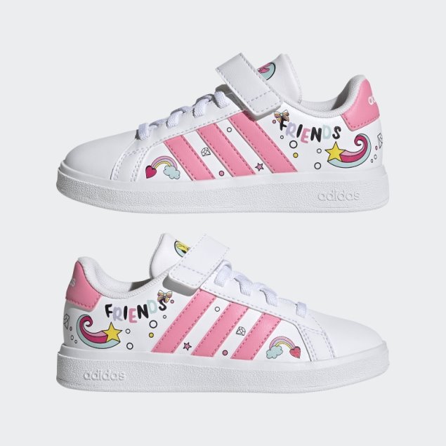Blanco Adidas X Disney Grand Court Minnie Mouse Cordones Elásticos Correa Superior Zapatos Moda
