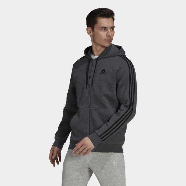 Adidas Sudadera Con Capucha Y Cremallera Completa Essentials Fleece 3 Rayas Gris Oscuro Jaspeado