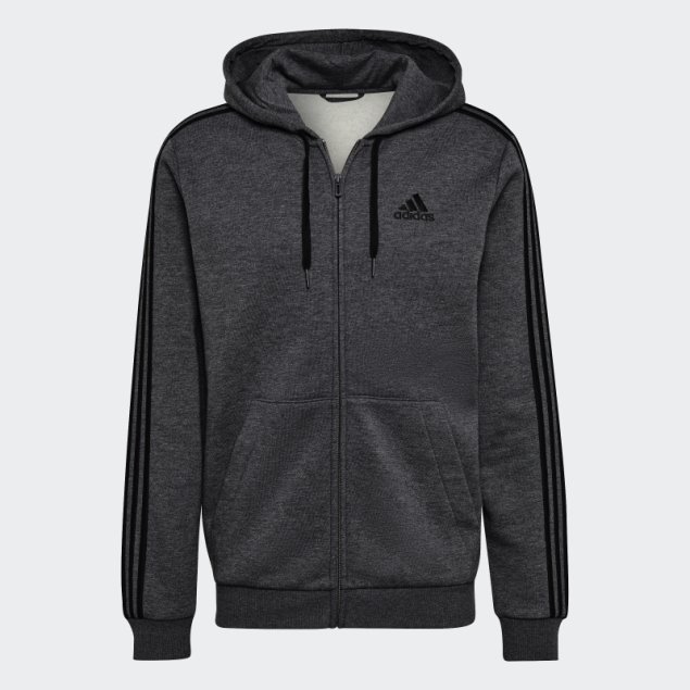 Adidas Sudadera Con Capucha Y Cremallera Completa Essentials Fleece 3 Rayas Gris Oscuro Jaspeado