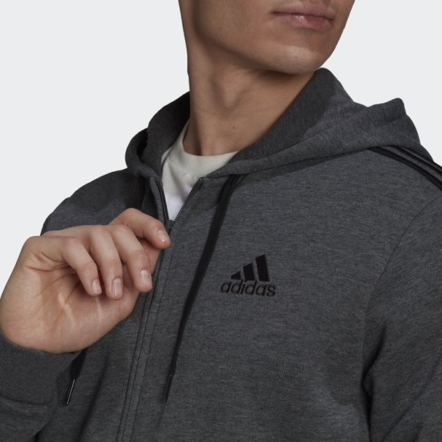 Adidas Sudadera Con Capucha Y Cremallera Completa Essentials Fleece 3 Rayas Gris Oscuro Jaspeado
