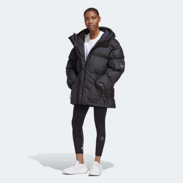 Negro Caliente Adidas Por Stella Mccartney Chaqueta De Invierno Acolchada De Longitud Media
