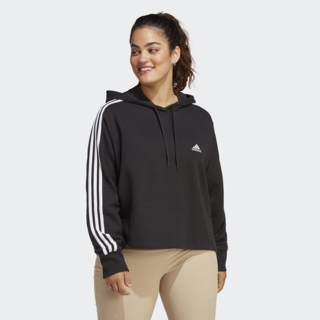 Essentials Sudadera Corta Con Capucha De Felpa Francesa De 3 Rayas (talla Grande) Adidas Negro