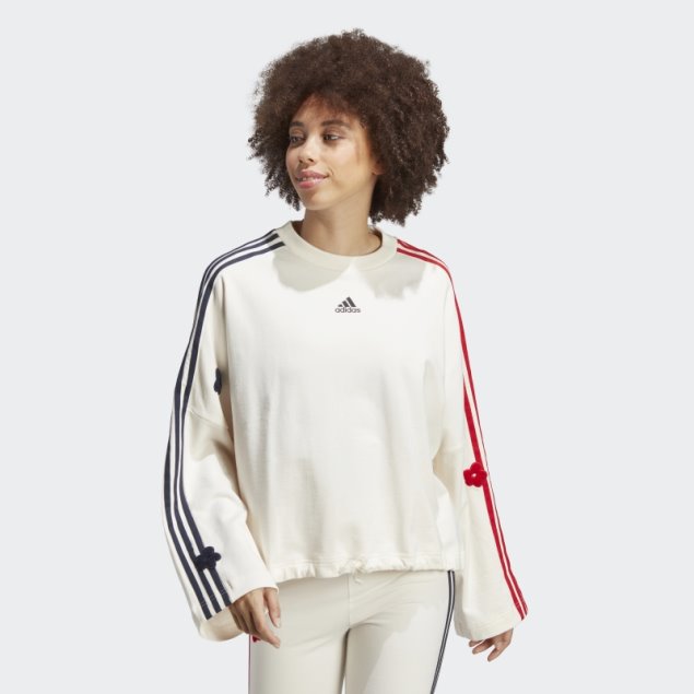 Sudadera Adidas Blanca De 3 Rayas Con Parches De Flores De Chenilla
