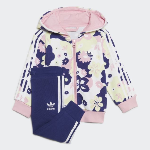 Conjunto De Sudadera Con Capucha Y Cremallera Completa Con Estampado Floral De Adidas En Blanco
