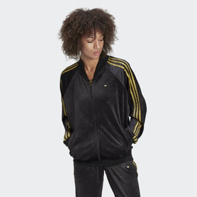 Chaqueta De Chándal De Terciopelo Con Monograma De Adidas Originals En Relieve Negro Caliente