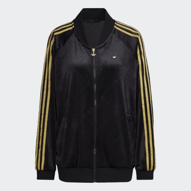 Chaqueta De Chándal De Terciopelo Con Monograma De Adidas Originals En Relieve Negro Caliente