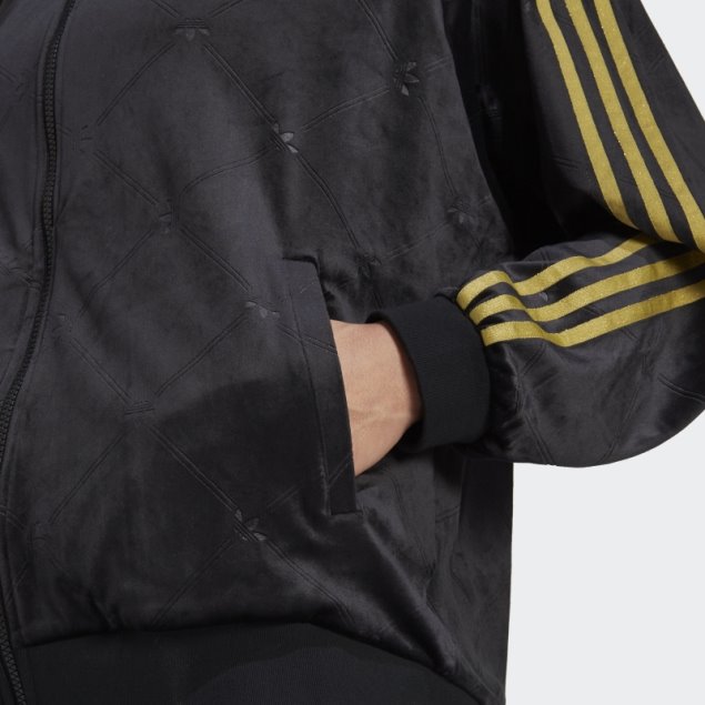 Chaqueta De Chándal De Terciopelo Con Monograma De Adidas Originals En Relieve Negro Caliente