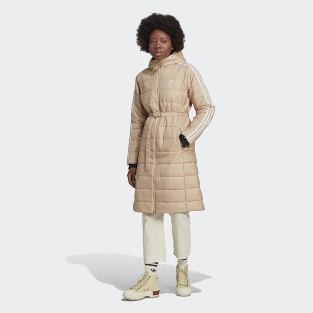 Adidas Chaqueta Larga Y Ajustada Con Capucha Premium Beige