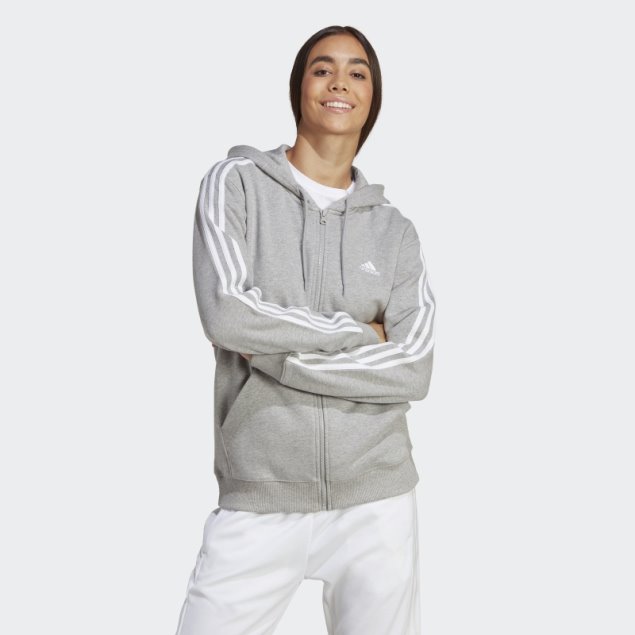 Sudadera Con Capucha Y Cremallera Completa De Felpa Francesa De 3 Rayas En Gris Medio Adidas Adidas