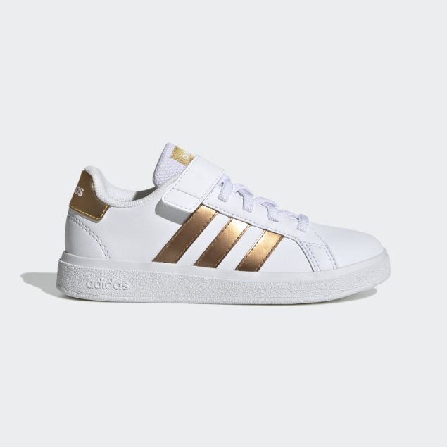 Adidas Grand Court Zapatos De Corte De Estilo De Vida Sostenible Con Cordones Elásticos Y Correa Superior Dorado Mate