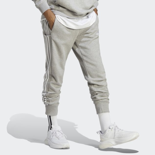 Pantalones Adidas Con 3 Rayas Y Puños Cónicos De Felpa Francesa En Gris Medio Adidas