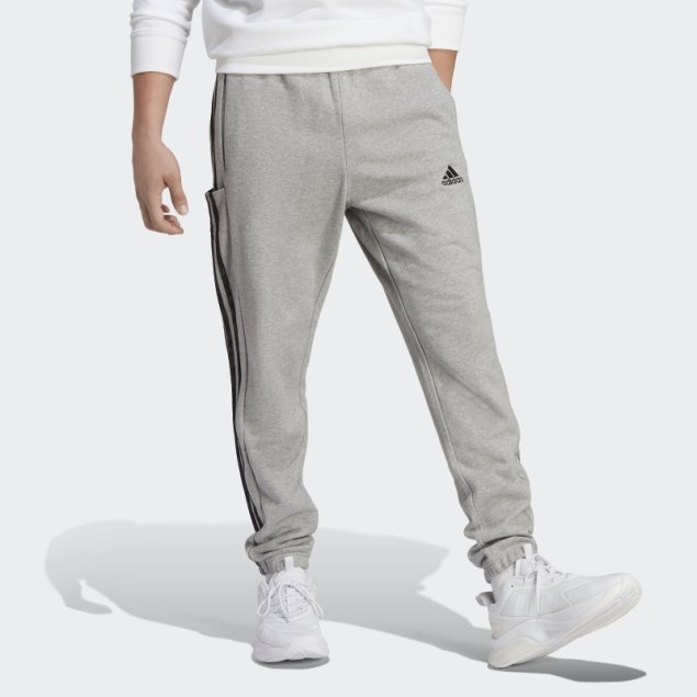 Pantalones Con 3 Rayas En Los Puños Elásticos Tapered De Rizo Francés Essentials De Adidas En Gris Medio