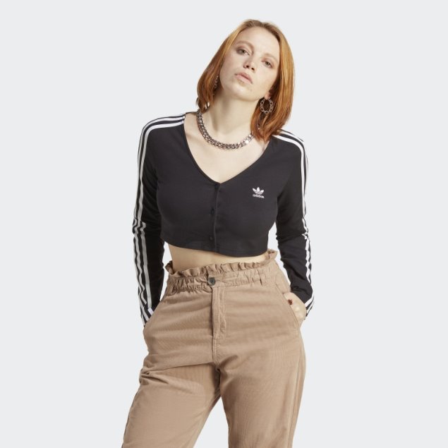 Camiseta Negra De Manga Larga Con Botones De 3 Rayas Adicolor Classics De Adidas