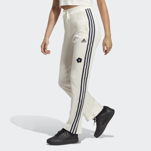 Joggers Blancos De Tiro Alto Con 3 Rayas Y Parches Florales De Chenilla Adidas