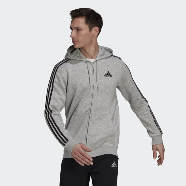 Sudadera Con Capucha Y Cremallera Completa Adidas Essentials Fleece 3 Rayas Gris Medio