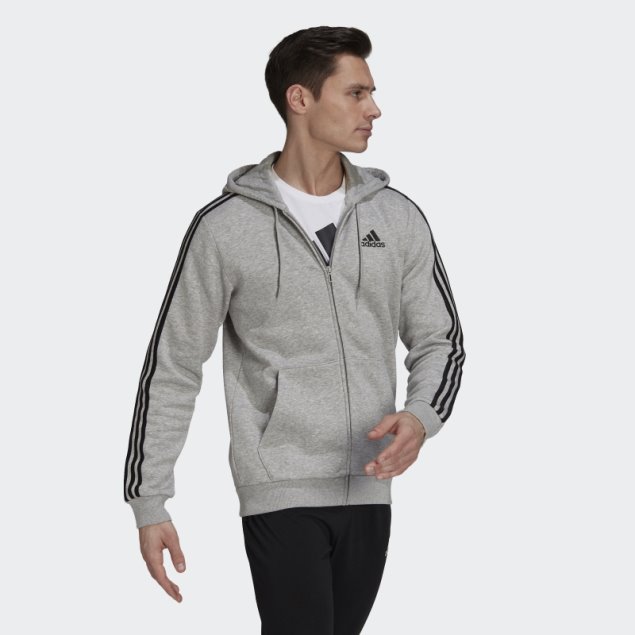 Sudadera Con Capucha Y Cremallera Completa Adidas Essentials Fleece 3 Rayas Gris Medio