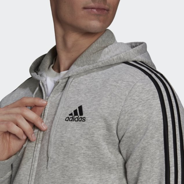 Sudadera Con Capucha Y Cremallera Completa Adidas Essentials Fleece 3 Rayas Gris Medio