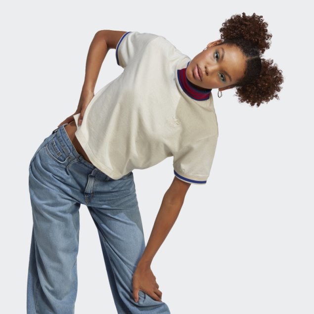 Adidas Camiseta Corta Blanca Con Cuello Acanalado Mel