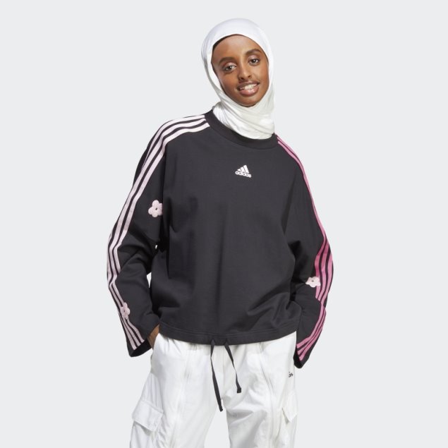 Sudadera De 3 Rayas Con Parches De Flores De Chenilla Adidas Negro